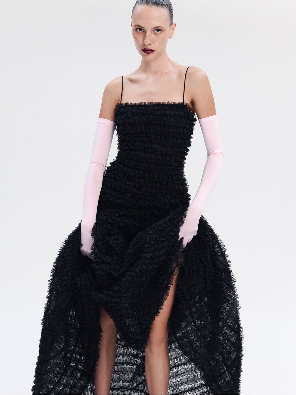Black Textured Ruffle Tulle Gown — image 2 of 4
